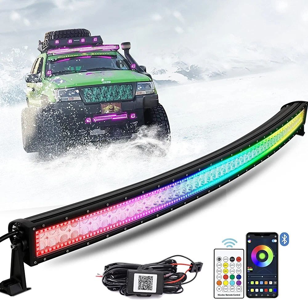 50 Inch 288w Curved LED Light Bar with Chasing RGB Halo Ring for 16 Million Color Changing with Strobe Flashing Spot Flood Combo Beam IP67 Waterproof