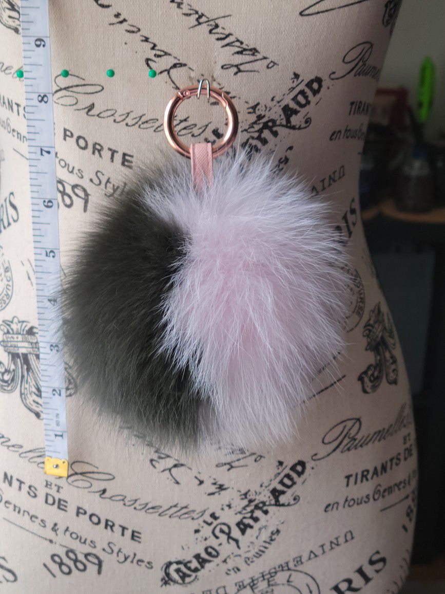 8" Long Hunter Green & Light Pink Fur 6" Pom Pom Keychain + 2 Fur Freebies 