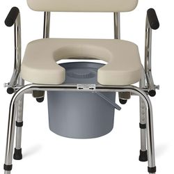 Drop-Arm Commode Chair with Padded Seat & Backrest, Removable Pail & Splash Guard, 350 lb Capacity, Tan