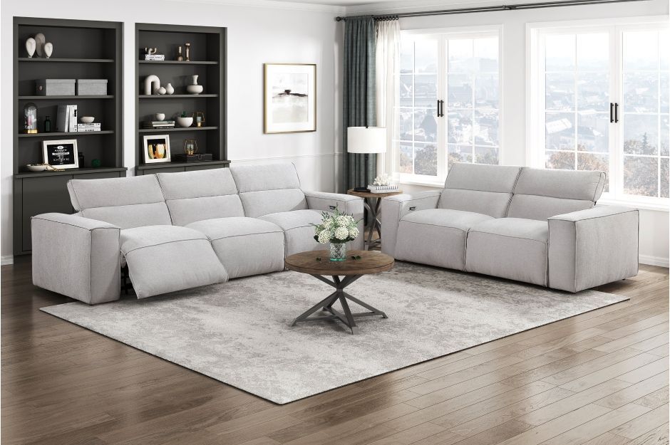 New light gray textured microfiber motorized sofa+loveseat/sectional w USB charging ports and high-density foam seat cushions with down blend topper
