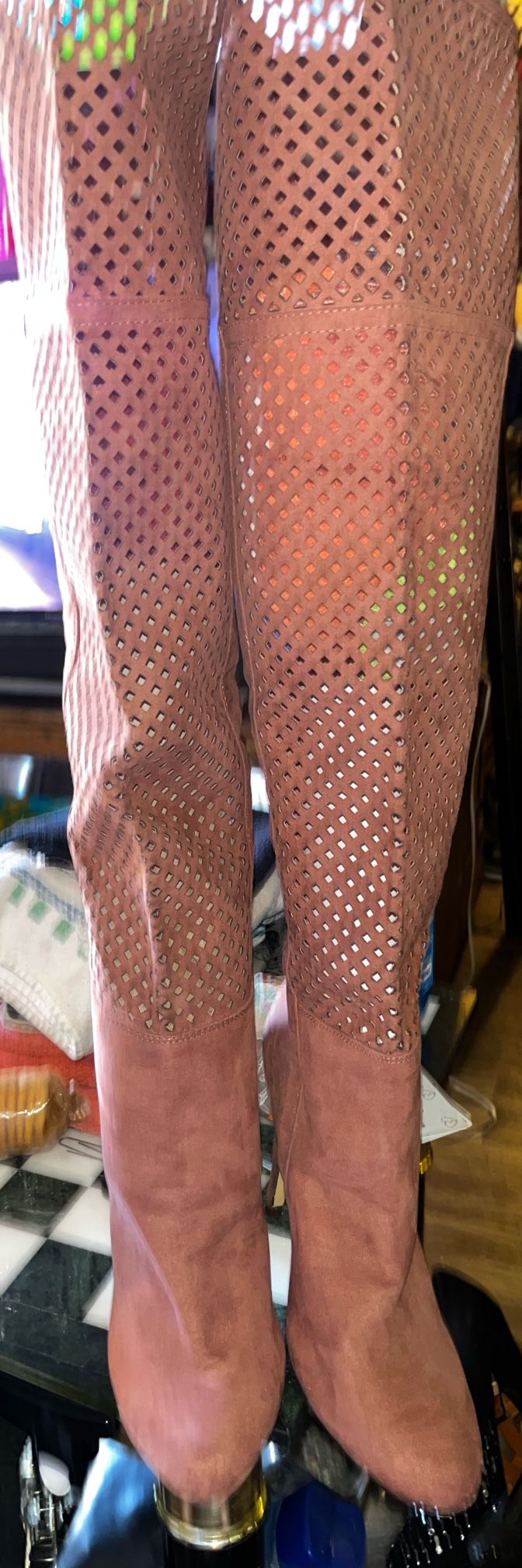 New No Box. Woman’s Size 8 1/2 With Approximately A 3 In Heel Boots. They Go Thigh High. The Color Is Mauve Suede. Located off Lake Mead and Simmons a