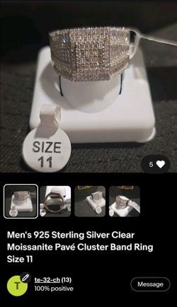 Men's 925 Sterling Silver Clear Moissanite Pavé Cluster Band Ring Size 11