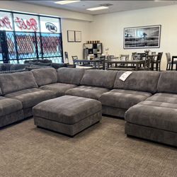 Gray XL Corduroy Sofa Sectional Set + Ottoman - Free Delivery Promo