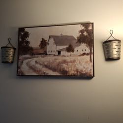 Beautiful Country Picture W/ Tin Pails