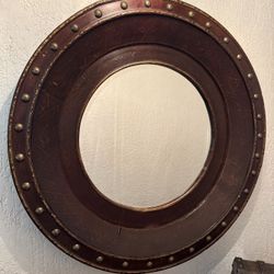 Round Distressed Leather-Like Covered Mirror Brass Nailheads 33” frame diameter