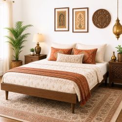 New King Size Desi Artisanal Inspired Wood Mid Century Modern Platform Bed 