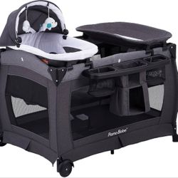 Pamo Babe Deluxe Nursery Center, Foldable Playard for Baby & Toddler, Bassinet, Mattress, Changing Table for Newborn Color: Black