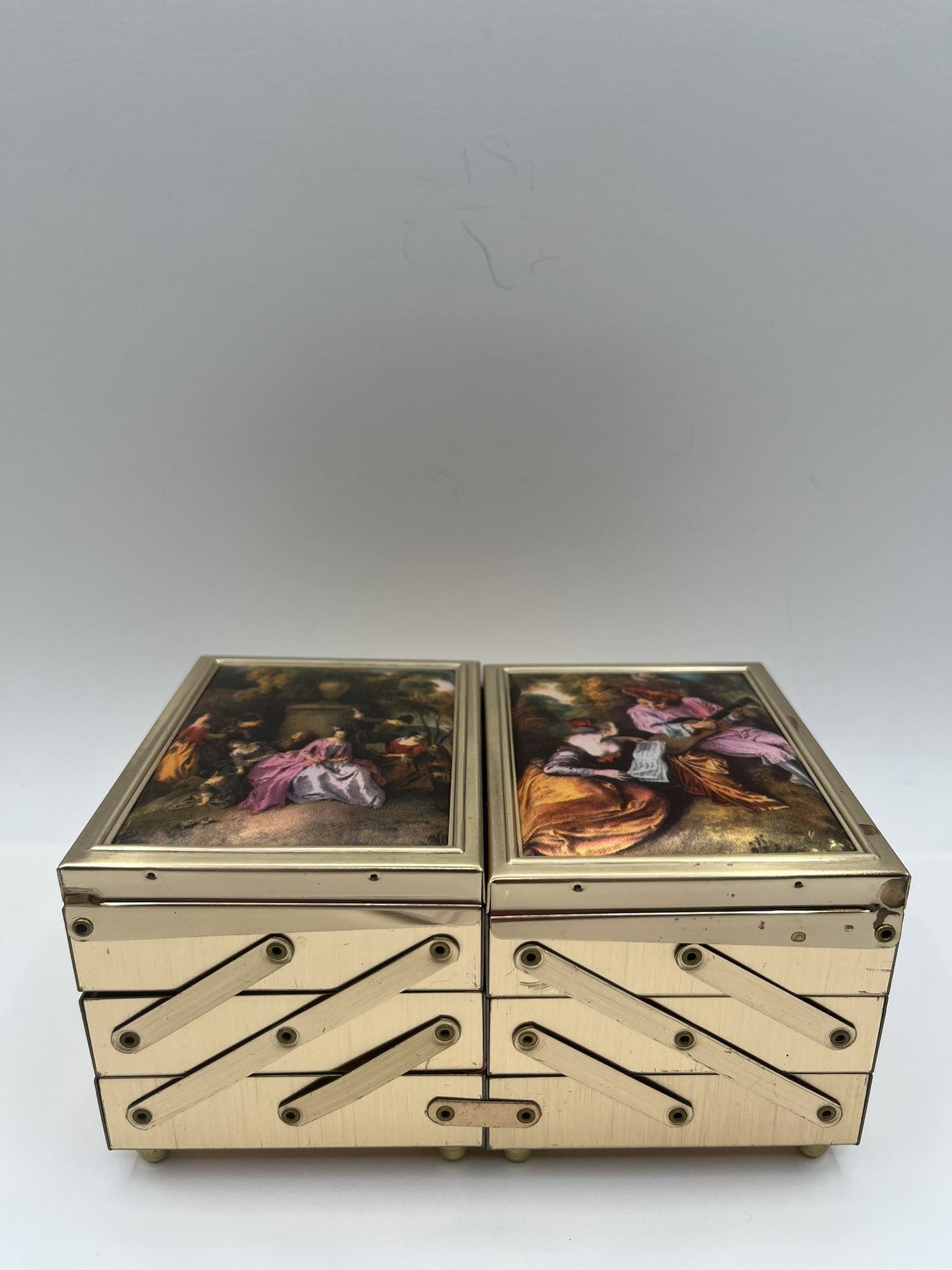 Vintage Metal 3 Tiered Folding Jewelry Box With Mirror In Both Sides. Gold Tone