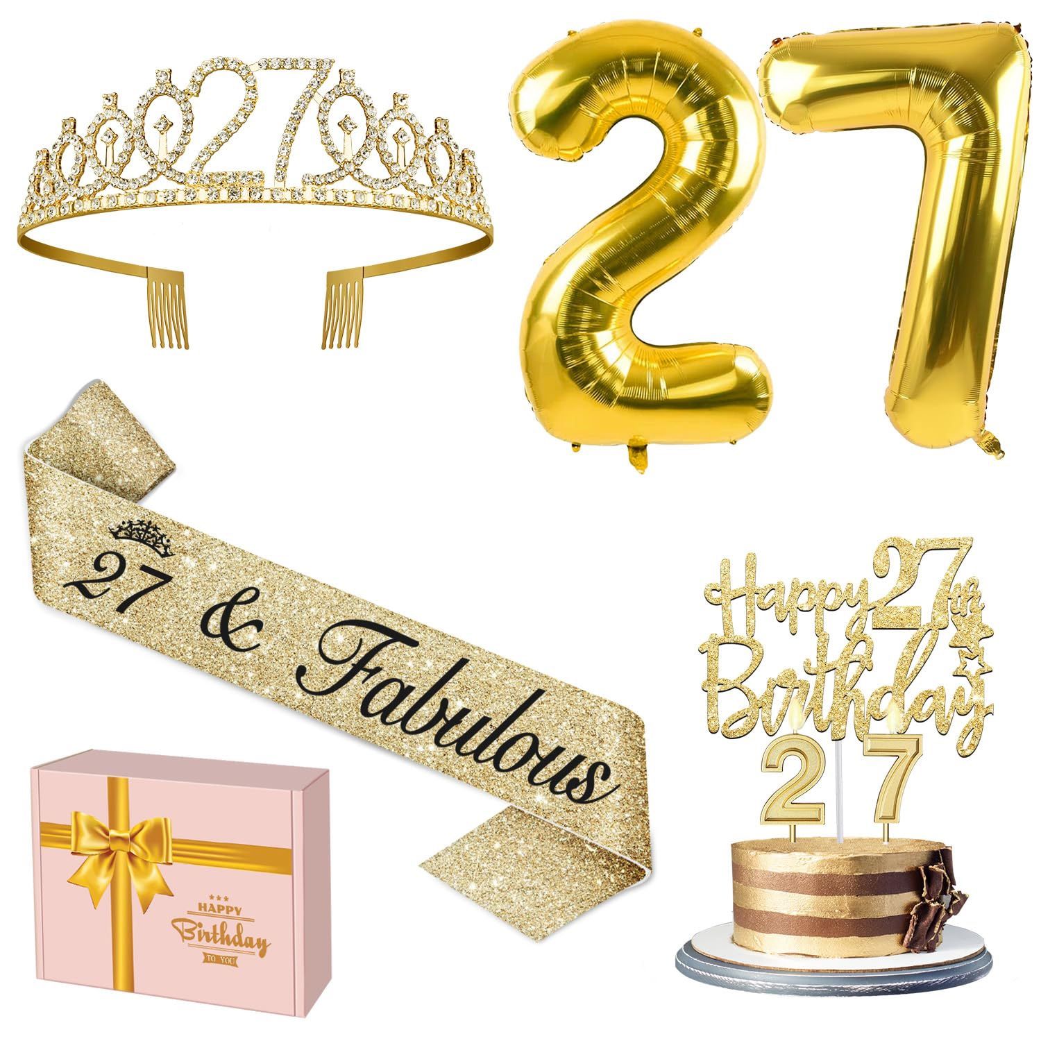 27th Birthday Decorations For Women Gold Set With 27th Birthday Tiara And Sash, Cake Topper And Candles, Number Balloons, 27 Year Old Gifts For Women
