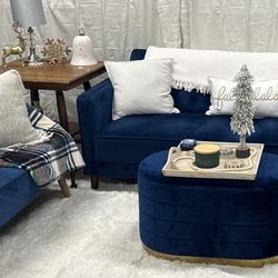 Blue Velvet Couch And Ottoman 