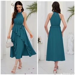 GRACE KARIN Sleeveless Halter Neck Ruffle Hem Split Flowy Long Midi Dress Belt Sz- Large Only