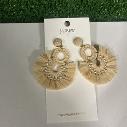 J Crew Natural Straw Raffia Beaded Pearl Fan Drop Statement Earrings NWT NEW