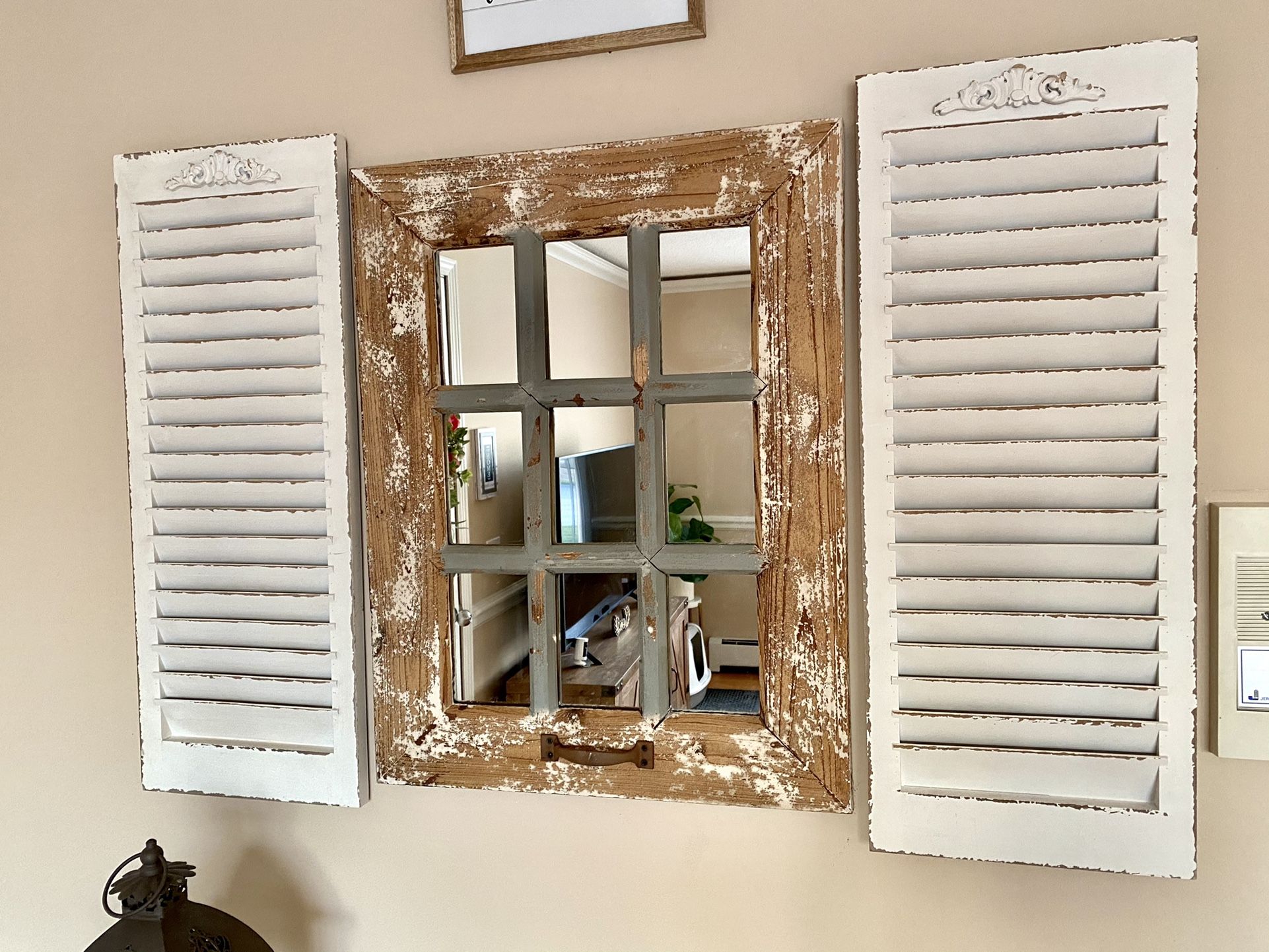 Rustic Window Mirror With 2 White Rustic Shutters 