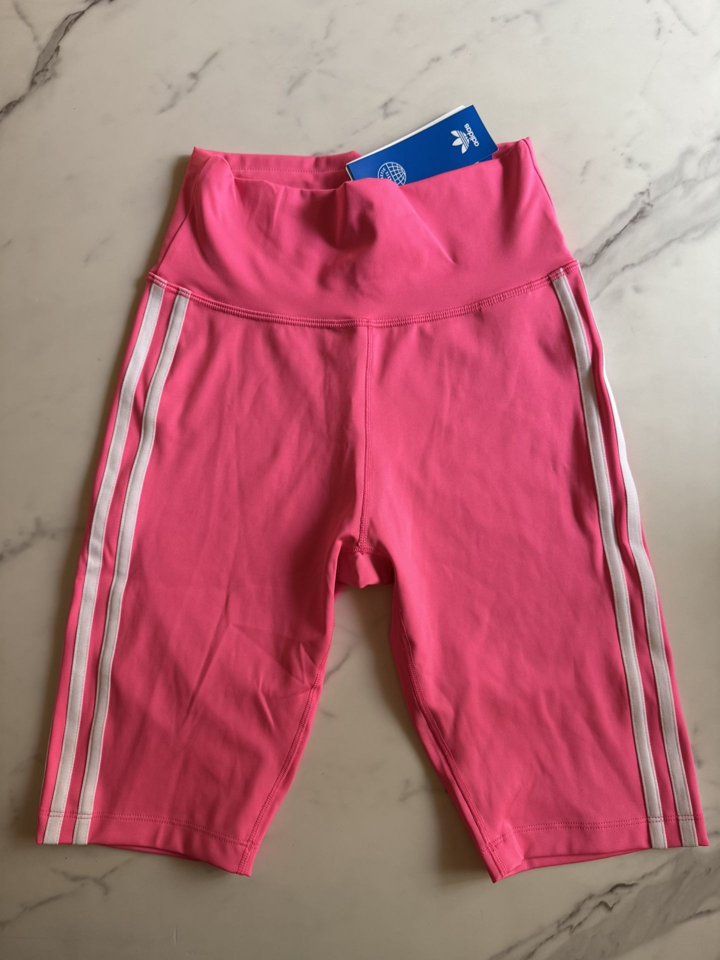 Adidas High Rise Biker Shorts Tight Fit Standard Length Hot Lucid Pink Stripe Size Small NWT