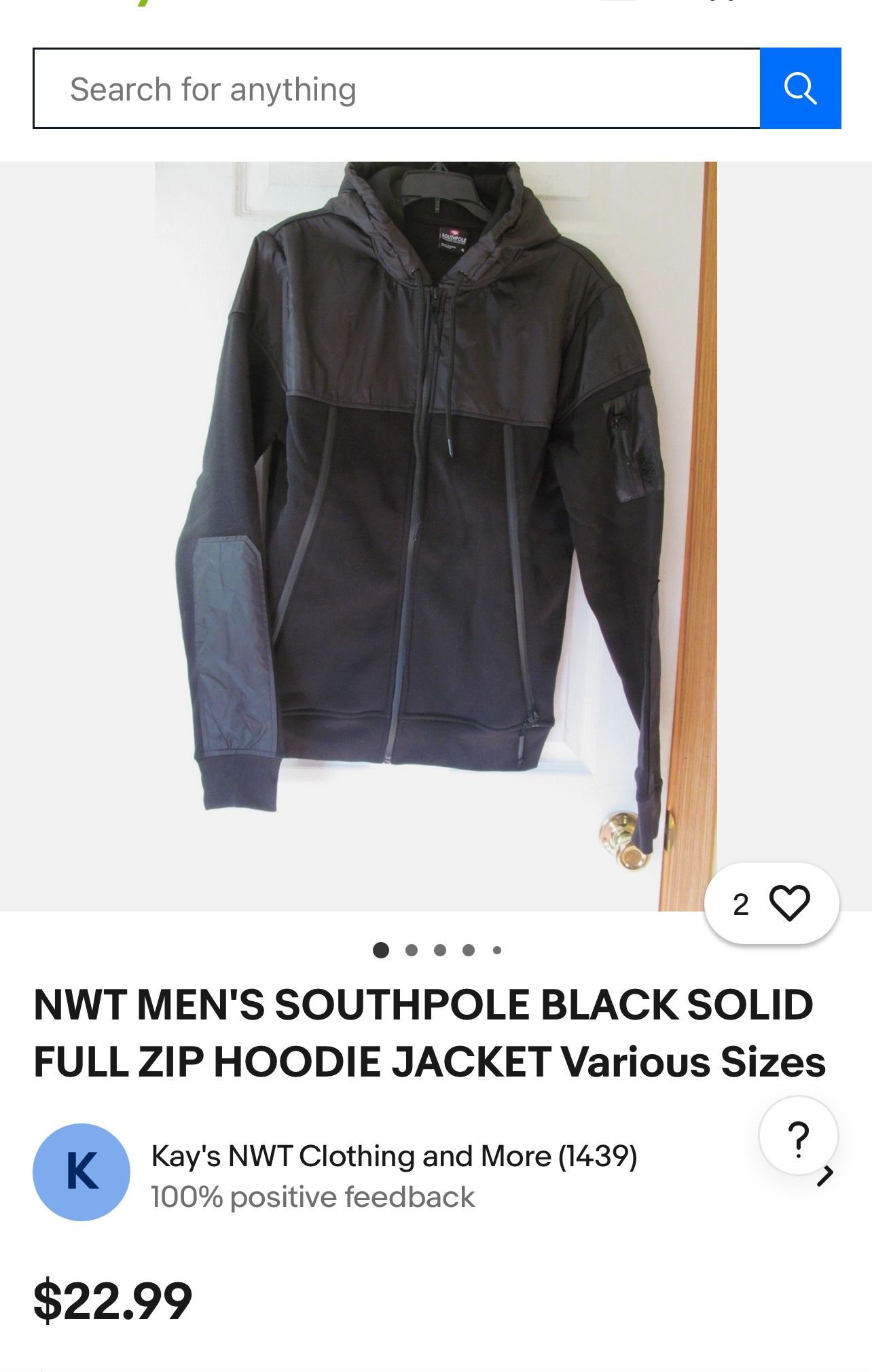 NWT MEN'S SOUTHPOLE BLACK SOLID FULL ZIP HOODIE JACKET