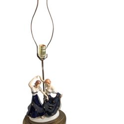 Vintage Porcelain Dancing Figures Lamp Blue & Gold Base 22" Tall