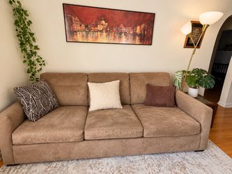 3-Seat Tan Fabric Sofa