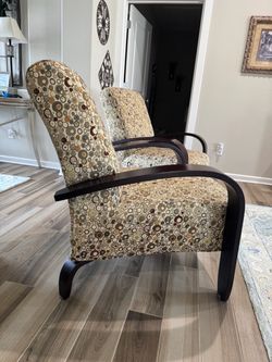 Pair of Upholstered Accent Chairs with Wood Arms