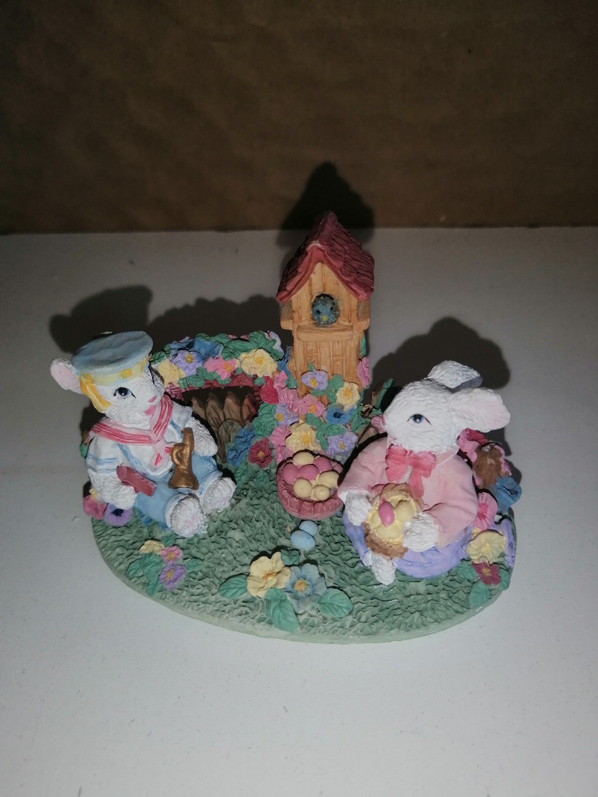 2 Bunnies with Easter Egg Basket and a Tower W4" x H3" x D3"
