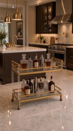 Modern Lucite and Gold 2-Tier Rolling Bar or Bathroom Cart - $1600