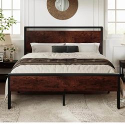 Queen metal and wood bed frame  color mahogany