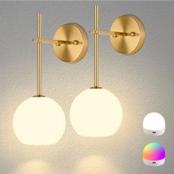 Keep Shining Gold Battery Operated Wall Sconces Set of 2, Rechargeable Wireless Wall Lights with Milky White Frosted Glass Shade, 12 RGB and 3CCT Dimm