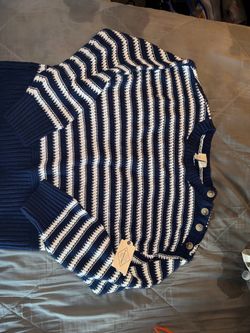 Navy Blue Striped Knit Sweater with Buttons