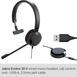 Jabra Evolve 30 II Wired Headset, Mono, MS-Optimized 3.5mm Jack/USB Connection
