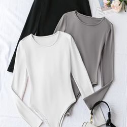 Solid Crew Neck Bodysuit 3 Pack, Casual Long Sleeve One-piece Bodysuit, Women's Clothing