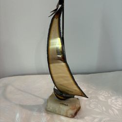 MID CENTURY DE MOTT SIGNED BRASS COPPER ONYX SAILBOAT FIGURINE COLLECTIBLE 15 Inches