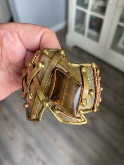 Vtg Modernist brutalist Tigers Eye Mixed Metal Cuff Bracelet 7.25in