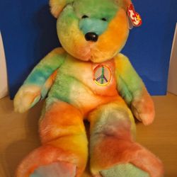 Ty Beanie Buddy 1999 Retired Peace Bear 14" Tie Dyed Bear Plush Vintage-$20.00