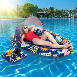 Inflatable Pool Float Lounge 3-in-1 Detachable Sun Shade Canopy, Adjustable Headrest, 2 Cup Holders