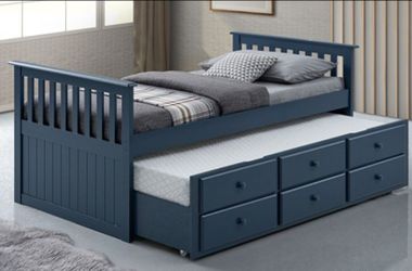 Brand New Blue Twin Bed Frame w Trundle Bed with Drawers