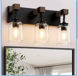 Bathroom Light Fixtures, Black Wood with Bell Jar Clear Glass Shades 3 Light Farmhouse Vanity Light, Easy to Install, Industrial Style, Mounted Over