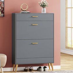 F1648 Shoe Cabinet, Modern Shoe Storage Cabinet with 2 Flip Doors and Drawer, Grey Narrow Shoe Organizer Rack for Entryway, Closet (Gray)