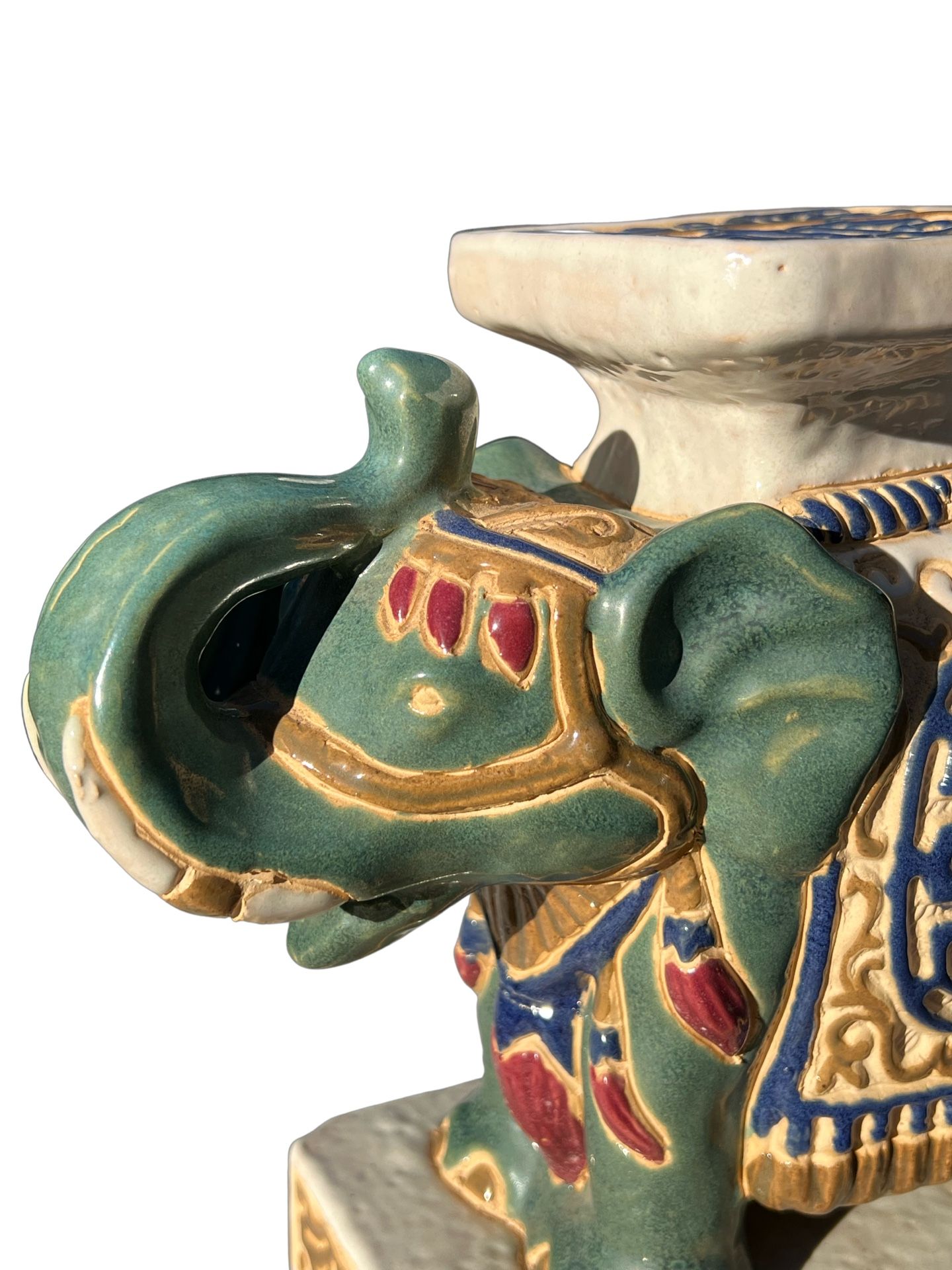 💕 Vintage (NEW) SET of 2 (PAIR) Small Asian Ceramic Glazed Green Blue Red White ELEPHANT Statue, Plant Stand, Bookend 💕