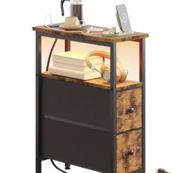 WHONLINE 1pc/2pcs Narrow Night Stand with Charging Station, End Table, Narrow Side Table with 1/2 Fabric Drawers, Skinny Nightstand with Storage, for 