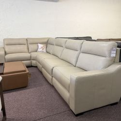 Furniture- 100% Real Top Grain Leather 5pc Sectional- Two Power Recliners