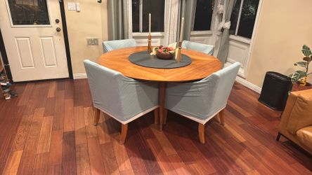 Wood veneer Mid Century Modern Round Dining Table 63” with Lazy Susan (MCM Style) Dining table glass center lazy Susan