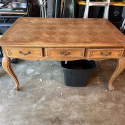 Solid Wood Vintage French Provincial Desk–Parquet Top (Great Refinish Piece)