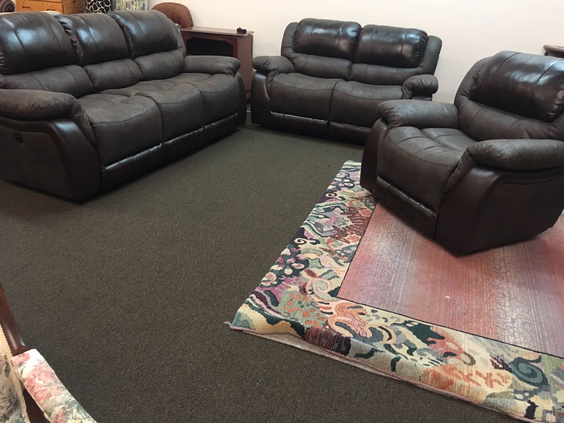 Finn leather and fabric combo brand new Piwer recliner sofa set from Highpoint furniture market