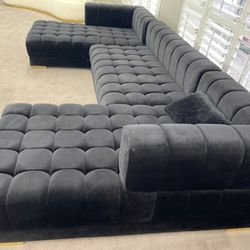 Black Velvet Double Chaise Sectional, Seccional, Couch 