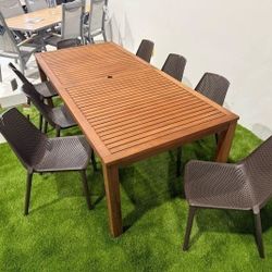 Modern 9PC Rectangular Dining Set – Table + Brown Stackable Chairs | Brand New | Commercial Grade Heavy Duty | Outdoor Patio | Closeout Deal + Deliver