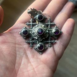 Jerusalem Cross 900 Silver Amethyst stone Byzantine Pendant