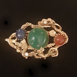 SWOBODA DRAGON BROOCH Chyrsoprase, Carnelian, Pearl & Lapis c1950-60's