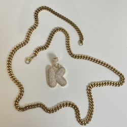 "K" Initial Bubble Pendant with 14K Gold Plated 5mm Cuban Link Necklace Set