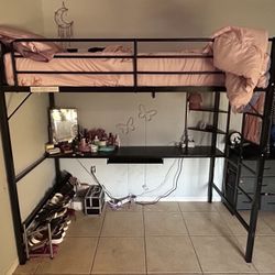 Twin Loft Bed w/ Desk & Shelves – Black Metal – Space Saver