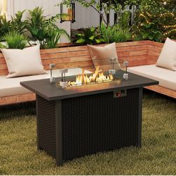 Chino hills pick up,Outdoor Propane Fire Pit Table, 42 Inch Rectangular Rattan Fire Table with Wind Guard & Glass Rocks, 50,000 BTU Smokeless Gas Fire