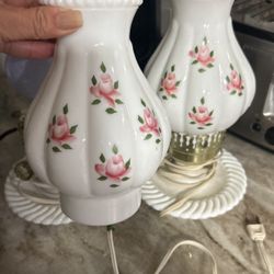 Pair Of 1960s Milk Glass Hurricane Lamp Pink Rose
